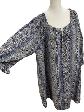 EC Naïf Blue and White Boho Printed Tunic Dress Plus Size 3X